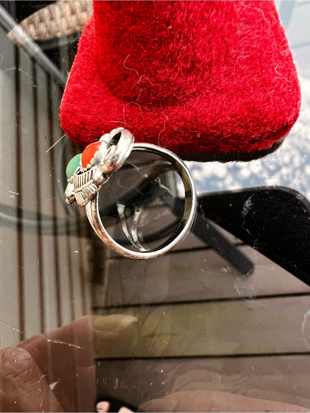 Vintage Navajo ring crafted from sterling silver turquoise & coral signed - Picture 3 of 4